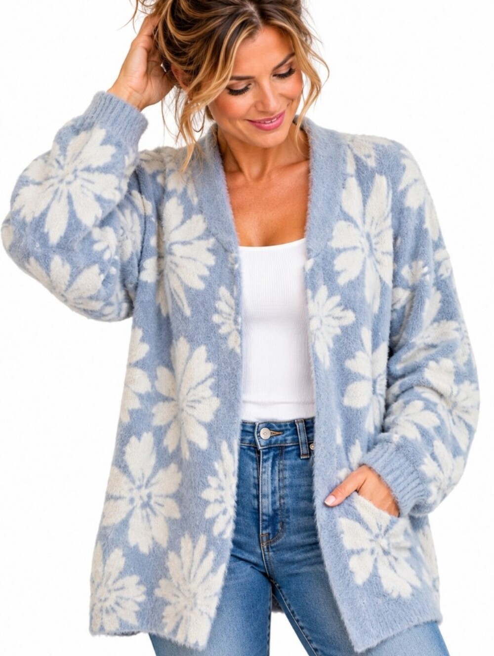 Belle By Belladini Women’s Large Blue Floral Open Front Fuzzy Cardigan